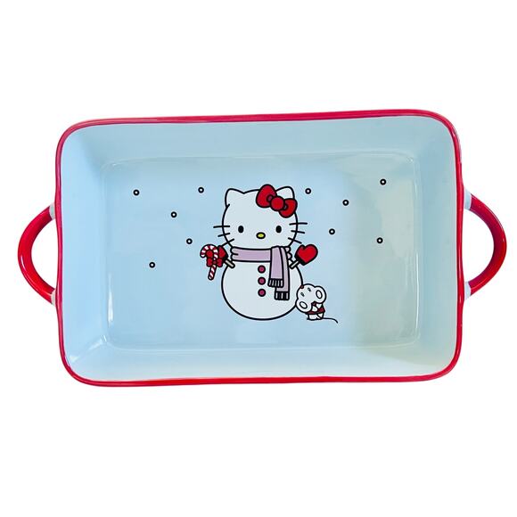 Hello Kitty Rectangular Baking Pan 12x8" Christmas Snowman Ceramic Casserole New - Picture 1 of 8